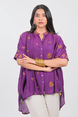 Purple Crepe Silk Floral Embroidered High and Low Tunic Top