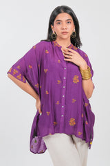 Purple Crepe Silk Floral Embroidered High and Low Tunic Top