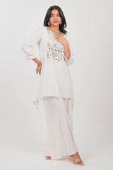 Off White Silk Mirror Embroidered Kurti Palazzo Set