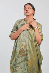 Green Crepe Silk Printed Shirt Style Kurti