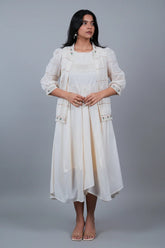 Off White Linen Embroidered Assymetric Dress with Jacket