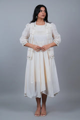 Off White Linen Embroidered Assymetric Dress with Jacket