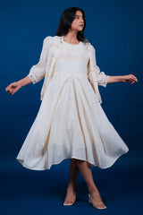 Off White Linen Embroidered Assymetric Dress with Jacket