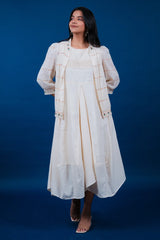 Off White Linen Embroidered Assymetric Dress with Jacket