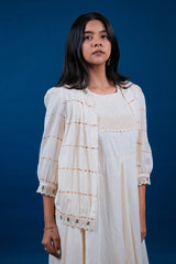 Off White Linen Embroidered Assymetric Dress with Jacket