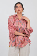 Pink Crepe Silk Floral Print Kaftan Style Tunic