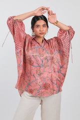 Pink Crepe Silk Floral Print Kaftan Style Tunic