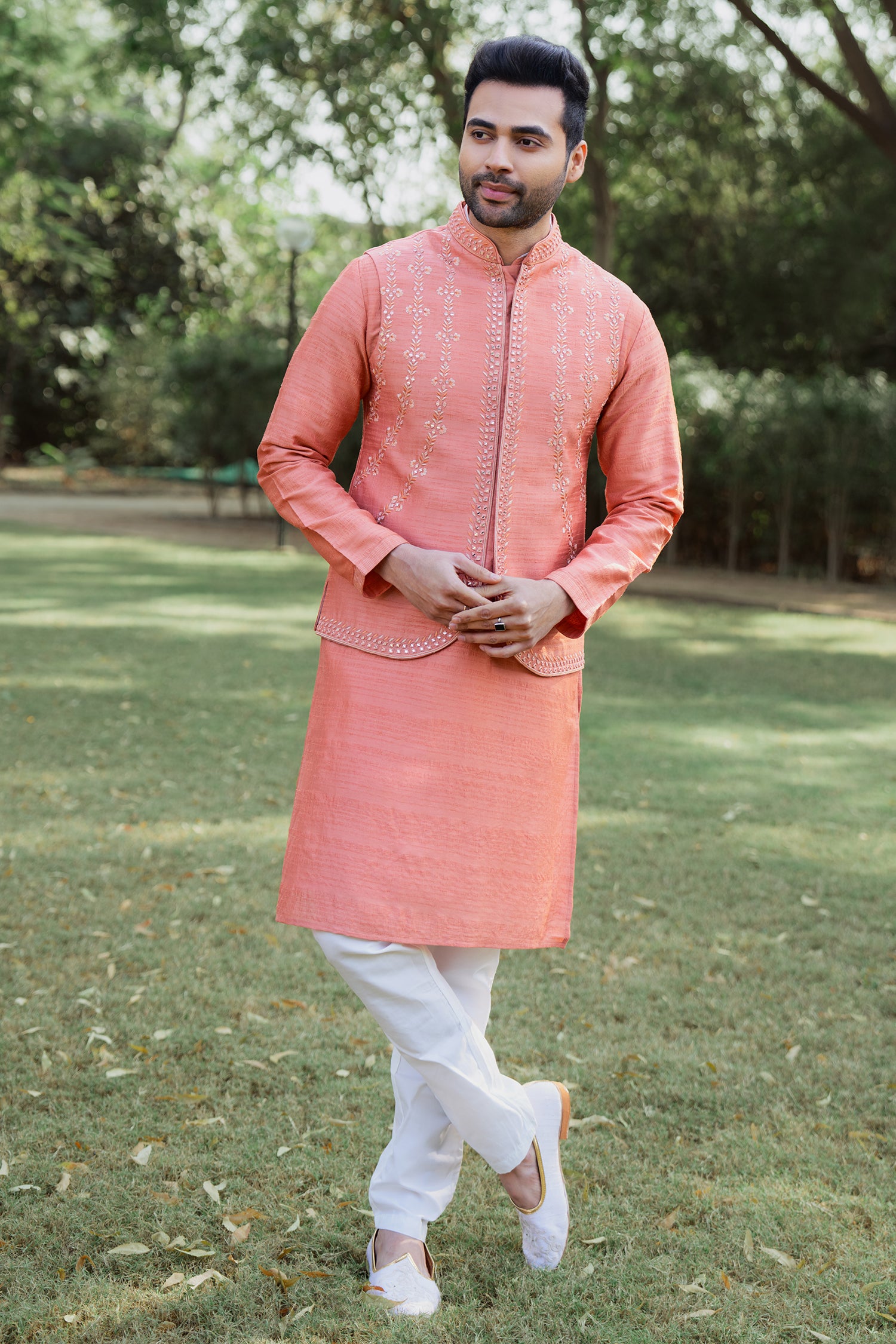 Light Orange Raw Silk Kurta Pajama with Mirror Work Jacket