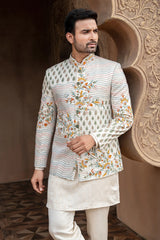 Off White Silk Jodhpuri Kurta Set with Multi Colored Thread Embroidery Work Jacket