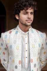 Off White Jodhpuri Kurta Set in Silk with Multi Colored Embroidery and Beads Work Jacket