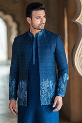 Blue Silk Jodhpuri Kurta Set in Raw Silk with French Knot Embroidery Work Jacket