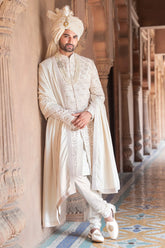 Cream French Knot and Zardosi Work Sherwani Set in Raw Silk