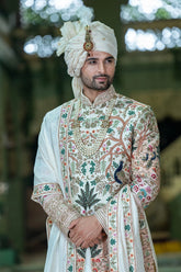 Cream Embroidery and Zardosi Work Sherwani Set in Silk