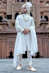 Pearl White Silk Embroidery and Zardosi Work Sherwani Set