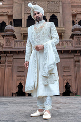 Pearl White Khadi Silk Handwork Sherwani Set