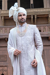 Lilac Purple Cutdana and Embroidery Work Sherwani Set in Silk