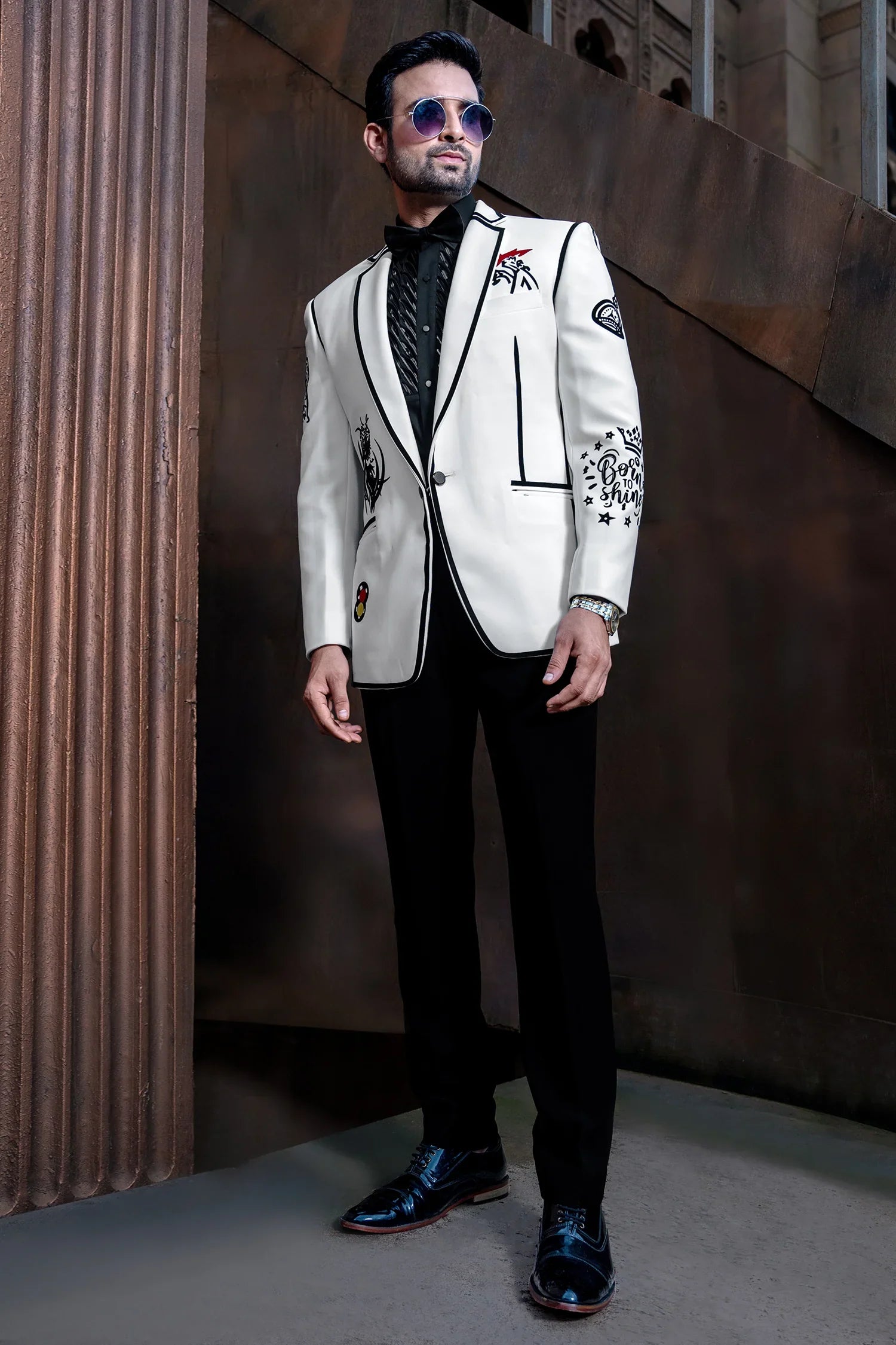 Pearl White and Black Imported Tuxedo Suit –