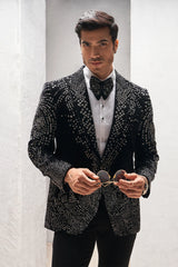 Black and Pearl White Velvet Sequins Beaded Suit