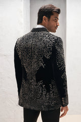 Black and Pearl White Velvet Sequins Beaded Suit