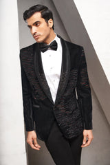 Black Velvet Imported Tuxedo Suit with Sequins and Cutdana Work