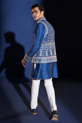 Blue Satin Embroidered Koti Kurta Set