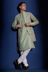 Pista Green Dupion Silk Beaded Koti Kurta Set