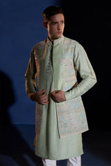 Pista Green Dupion Silk Beaded Koti Kurta Set