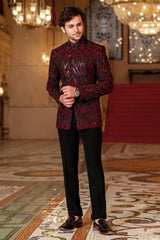 Maroon Cutdana and Beads Work Jhodhpuri Set in Imported