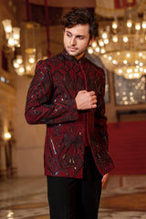 Maroon Cutdana and Beads Work Jhodhpuri Set in Imported