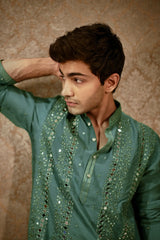 Green Satin Mirror Worked Aligadhi Kurta Pajama