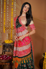 Forest Green Embroidered Saree in Silk with Contrast Border and Pallu