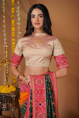 Forest Green Embroidered Saree in Silk with Contrast Border and Pallu