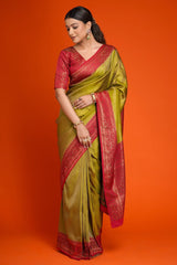 Olive Green Art Silk All Over Woven Saree