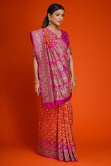 Rani Pink and Orange Bandhej Print Saree in Silk with Contrast Embroidery