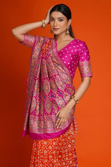 Rani Pink and Orange Bandhej Print Saree in Silk with Contrast Embroidery