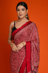 Maroon Art Silk Ajrakh Printed Saree with Paisley Motifs