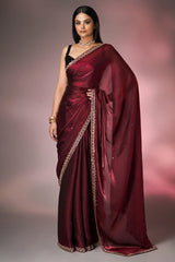 Dark Maroon Glass Tissue Handworked Saree