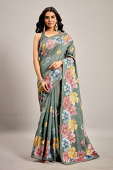 Grey Tussar Art Silk Saree with Floral Thread Embroidery
