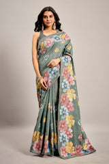 Grey Tussar Art Silk Saree with Floral Thread Embroidery