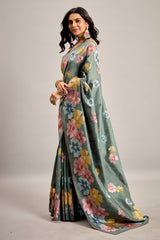 Grey Tussar Art Silk Saree with Floral Thread Embroidery