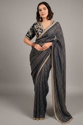 Dark Blue Georgette Woven Stripes Saree with Scallop Cutdana Border