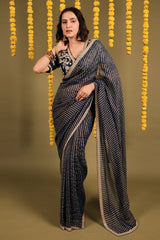 Dark Blue Georgette Woven Stripes Saree with Scallop Cutdana Border