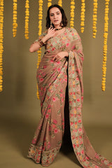 Mauve Georgette Digital Floral Printed Saree with Marodi and Lampi Gota Work Border