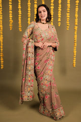 Mauve Georgette Digital Floral Printed Saree with Marodi and Lampi Gota Work Border