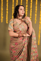 Mauve Georgette Digital Floral Printed Saree with Marodi and Lampi Gota Work Border