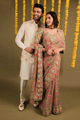 Mauve Georgette Digital Floral Printed Saree with Marodi and Lampi Gota Work Border