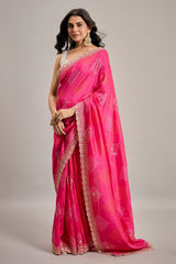 Pink Silk Bandhani Print Saree with Sequin Embellished Scallop Border