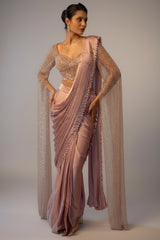 Lavender Satin Silk Ready to Wear Saree with Sequin Cutdana Work Cape Sleeved Blouse