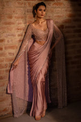 Lavender Satin Silk Ready to Wear Saree with Sequin Cutdana Work Cape Sleeved Blouse