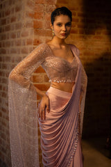 Lavender Satin Silk Ready to Wear Saree with Sequin Cutdana Work Cape Sleeved Blouse